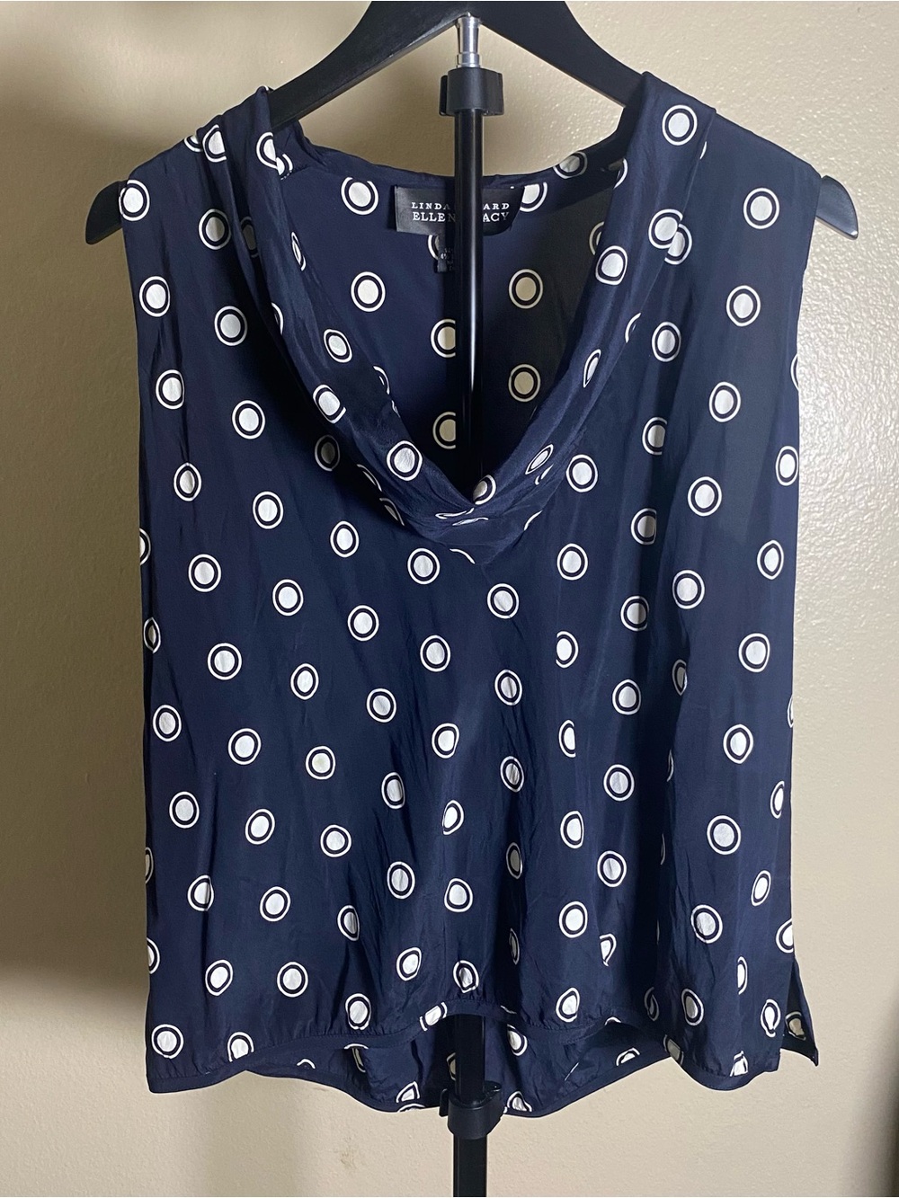Y2K Vintage Linda Allard Ellen Tracy Polka Dot Sleeveless Cowl Neck Top